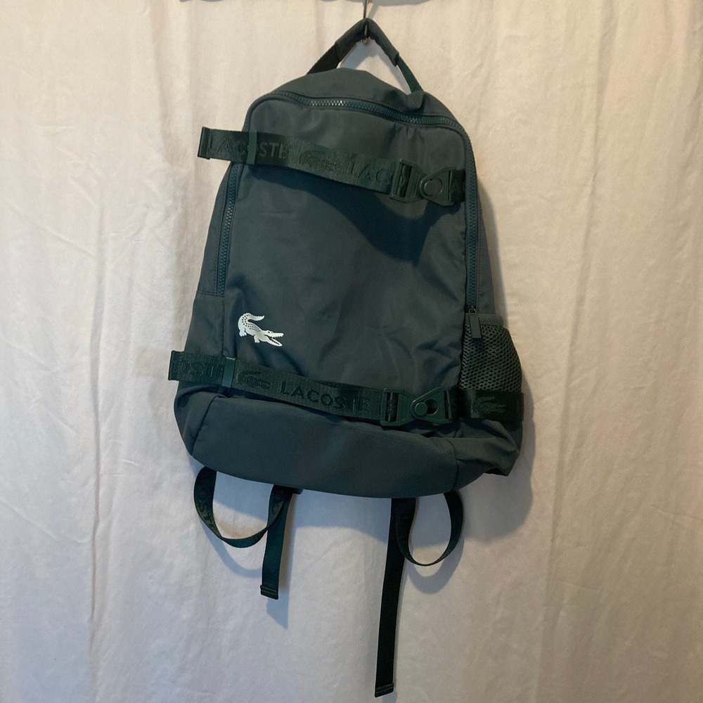 Lacoste Green Recycled Polyester Backpack Logo Straps Buckle Daypack Bag